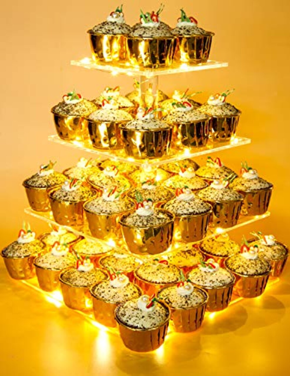 Vdomus 4 Tier Acrylic CupCake Stand Pastry Stand with LED String Lights Dessert Tree Tower Cake Pyramid for Birthday Wedding Party Babyshower Christmas, Holds up to 50 Cupcakes (Warm)